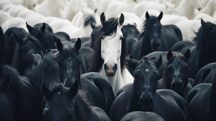 Unique White Horse Among Black Herd. - obrazy, fototapety, plakaty