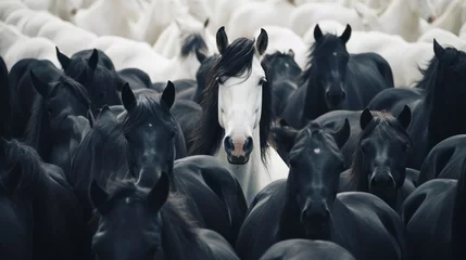 Fotobehang Unique White Horse Among Black Herd. © Polypicsell