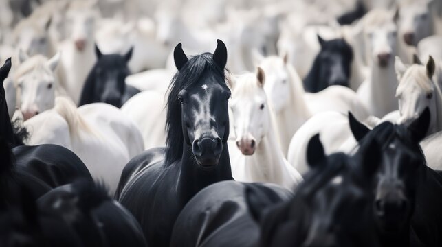 Lone Black Horse Among White Herd