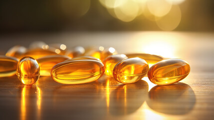 vitamin capsule granules. A collection of packaged fish oil capsules, healthy omega 3 oil capsules photographed under the spotlight from above. Generative AI