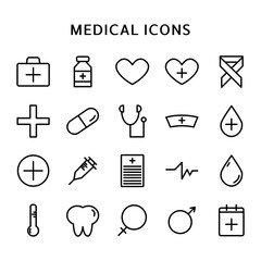 Medical Line Icon Set contains Stethoscope, Syringe, medicine, First Aid Kit and so on.