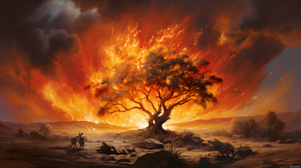 In the serene desert, Moses, a humble shepherd, witnesses a celestial spectacle—the burning bush. Radiating an ethereal glow, the bush, untouched by the flames, becomes a conduit for the divine.