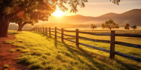 Landscape featuring a fenced ranch at sunrise with sunlights shimmering and creating a defocused...