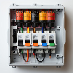 Isolated modern residential fuse box set against a white background