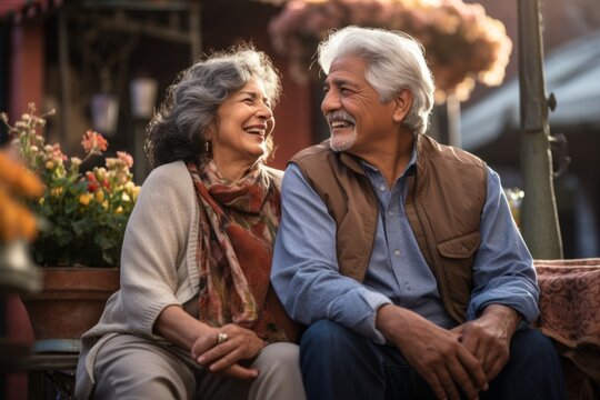 Elderly Hispanic couple enjoying outdoors their relationship