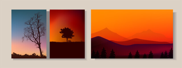 Vector sunset view mountain, hill illustration. Panorama scenery sky, landscape background.