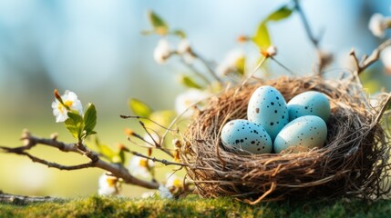 Fototapeta premium Nest with Easter eggs in grass on a sunny spring day. Generative AI.