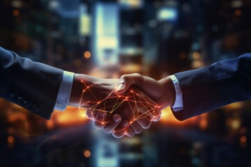 Business men shaking hands in agreement in the city for corporate success .Generative AI.