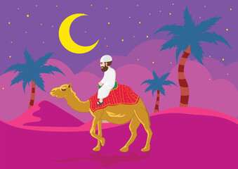 Cartoon muslim man riding camel in desert sand at beautiful night sky with crescent moon and star, happy eid adha mubarak Vector Illustration