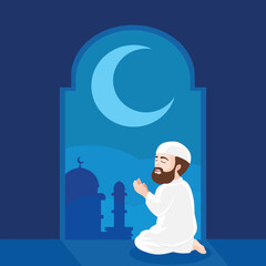 Cartoon young bearded muslim man hands praying in the mosque at beautiful night sky with crescent moon and star, happy eid adha mubarak Vector Illustration