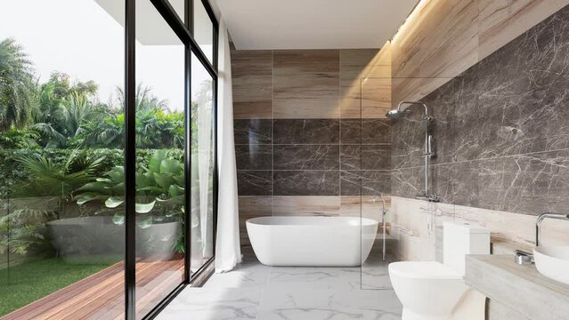 Animation of modern luxury bathroom with tropical style garden view 3d render,There are marble floor and wall and copper frame mirror,Rooms have large windows, overlook nature view.