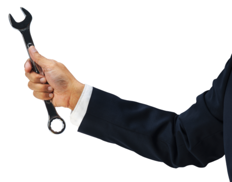 Businessman's hand holding a wrench as a symbol of business improvement or rebanding Isolate on white PNG File.