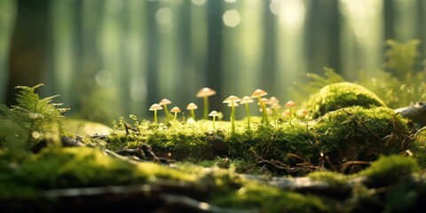 Fototapeta premium Closeup look at the moss in the forest with sunlight shimmering