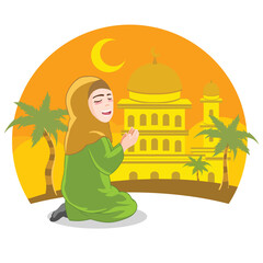 Cartoon young muslim woman wearing hijab hands praying in the mosque at beautiful sunset sky with crescent moon, happy eid adha mubarak Vector Illustration