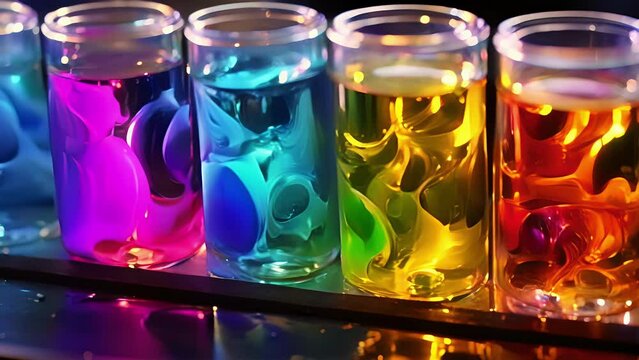 A magnified look at the colorful swirls and patterns of chemicals mixing together in a test tube, symbolizing the chemical reactions and neural connections that occur during moments of inspiration.