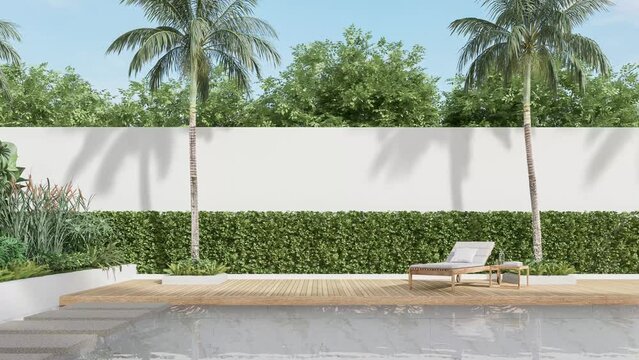 Animation of modern contemporary style swimmimg pool terrace 3d render, There are wooden floor,green tile in the swimming pool and ,empty white wall,Surrounded by nature.