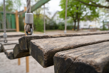 Close up of a wooden bridge for children in the playground