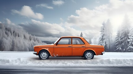 Fototapeta na wymiar Side view of an orange car with a winter tires on a snowy road 