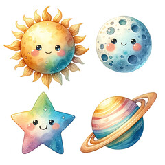 Sun, moon, star, Saturn, Clipart watercolor style on transparent Background.AI Generate