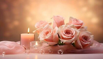 Obraz na płótnie Canvas Serene Peach Roses and Lit Candles on Soft Pink Background