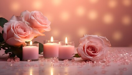 Serene Peach Roses and Lit Candles on Soft Pink Background