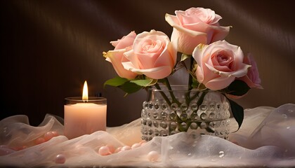 Serene Peach Roses and Lit Candles on Soft Pink Background