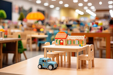 Wood table top with kids toy in shopping mall blur background - obrazy, fototapety, plakaty