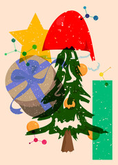 Risograph holiday, Christmas with geometric shapes. Pine Tree, Gift Box, Santa Claus Hat with objects in trendy riso graph print texture style design with geometry elements.