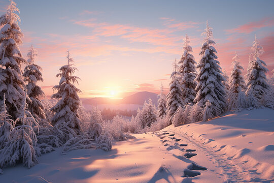 Generative AI Image of Nature Landscape with Pine Trees in Winter Snow at Sunrise
