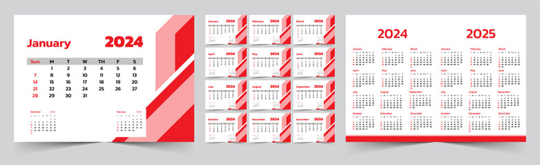 Monthly calendar template for 2024 year. The Week start on Sunday. Desk calendar 2024 design, simple and clean design, Wall calendar for print, digital calendar, Corporate design planner template - obrazy, fototapety, plakaty