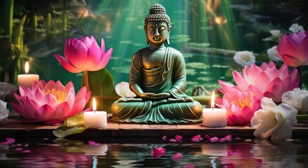 Buddha's Tranquil Haven: Meditation by Water with Candles.  the peaceful haven created by the combination of the Buddha's presence, the water element, and the soft glow of candles.