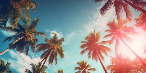 Fototapeta na wymiar Gazing up at the blue sky and palm trees, with a vintage-style touch, creating a tropical beach and summer background with sunlights shimmering and creating a defocused effect