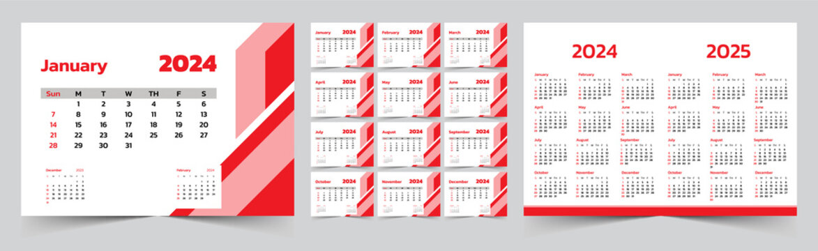 Monthly calendar template for 2024 year. The Week start on Sunday. Desk calendar 2024 design, simple and clean design, Wall calendar for print, digital calendar, Corporate design planner template