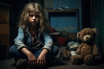 The Heart's Heavy Symphony: A Little Girl Sits on the Floor, Overwhelmed by Loneliness and Sorrow,  a sense of vulnerability, heartache, and the weight of emotional turmoil,  - obrazy, fototapety, plakaty