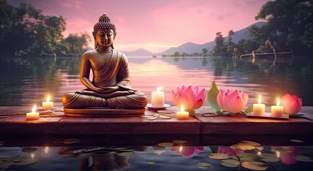  Buddha's Tranquil Haven: Meditation by Water with Candles.  the peaceful haven created by the combination of the Buddha's presence, the water element, and the soft glow of candles. © hisilly
