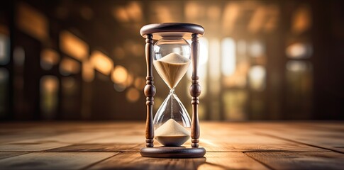 The Hourglass's Wooden Table: A Meditative Tapestry of Time, Transience, and the Unstoppable Flow of Life's Journey. symbolizing the passage of time, the transient nature of existence - obrazy, fototapety, plakaty