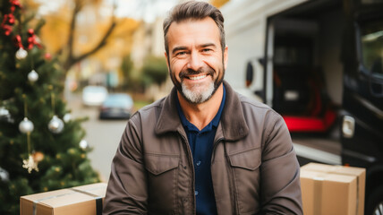 Smiling delivery man standing in front of his van