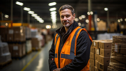Happy male factory manager in warehouse while standing against goods shelf looking at camera