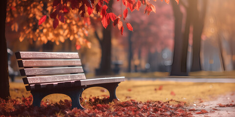 bench in autumn,Bench Under Autumn Tree ,Rustic chair, ancient wood nature decoration generated by ,An inviting park bench nestled within the serene beauty of an autumn 