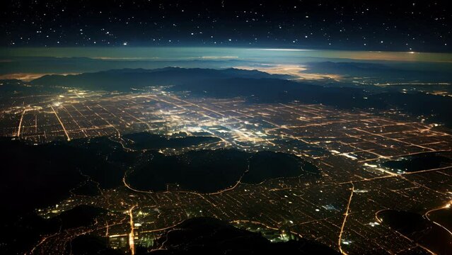 In this aerial view, the devastating impact of light pollution on ecosystems is revealed as s of bright city lights shine brightly in the darkness, completely altering the natural light levels