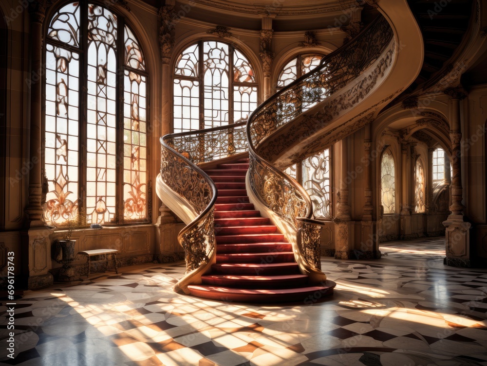 Canvas Prints An ornate staircase in a large room with stained glass windows. Generative AI.