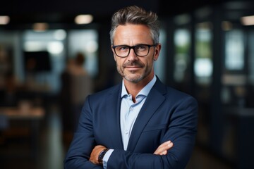 Fototapeta premium Mature Businessman with Glasses. Senior businessman with glasses in a corporate setting.