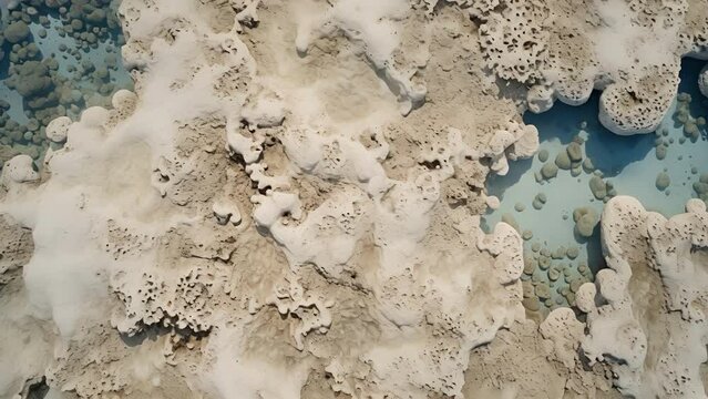 An aerial shot of a once vibrant coral reef now marred by large patches of bleached and decaying coral colonies, highlighting the devastating effects of rising water temperatures and ocean