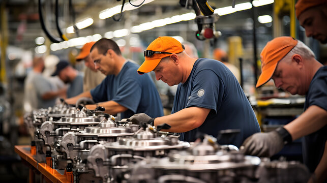 Auto parts on an assembly line with UAW workers in the background