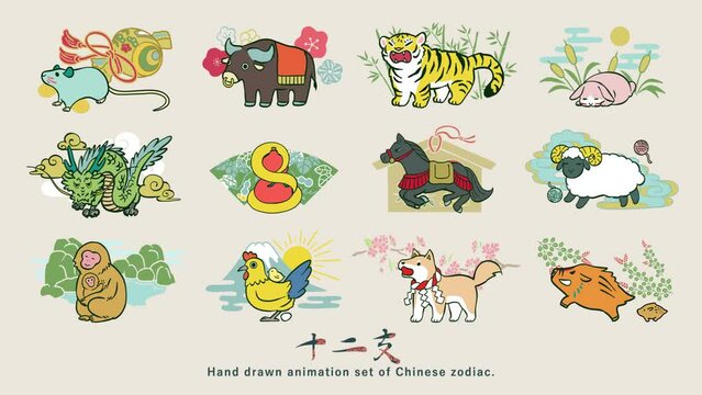 十二支の手描きアニメーションセット。お正月用素材。カラフルな可愛い動物達。