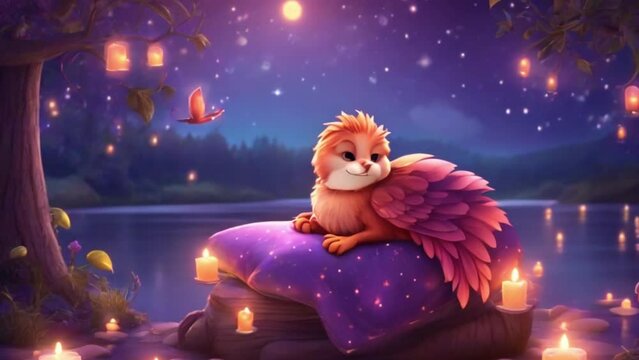 breathing animation, Animal mythc Fantasy Mhytology lullaby cartoon sleeping on forest and lake, looped video background