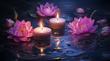 Tranquil Spa Setting with Pink Candles and Water Lilies