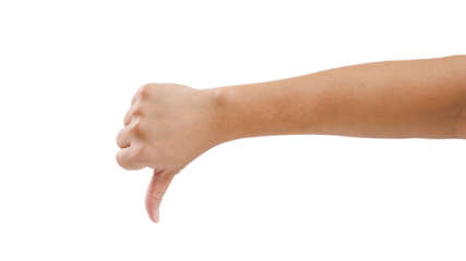 Man hand show thumbs down gesture for negative feedback and rejection expression concept. background cutout in png.
