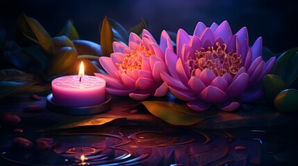 Tranquil Spa Setting with Pink Candles and Water Lilies