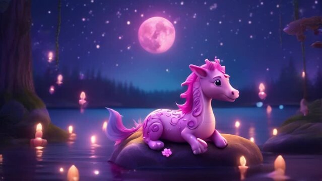 breathing animation, Animal Fantasy Mhytology lullaby cartoon sleeping on forest and lake, looped video background